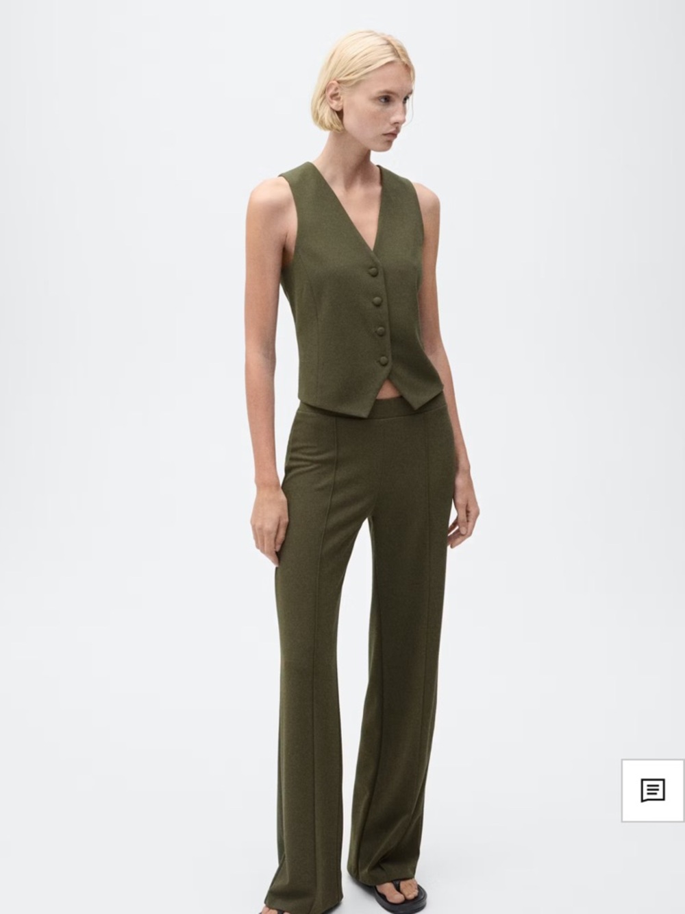 Mango Olive Sleeveless Button Vest size L & Wide-Leg Pants size XL Set